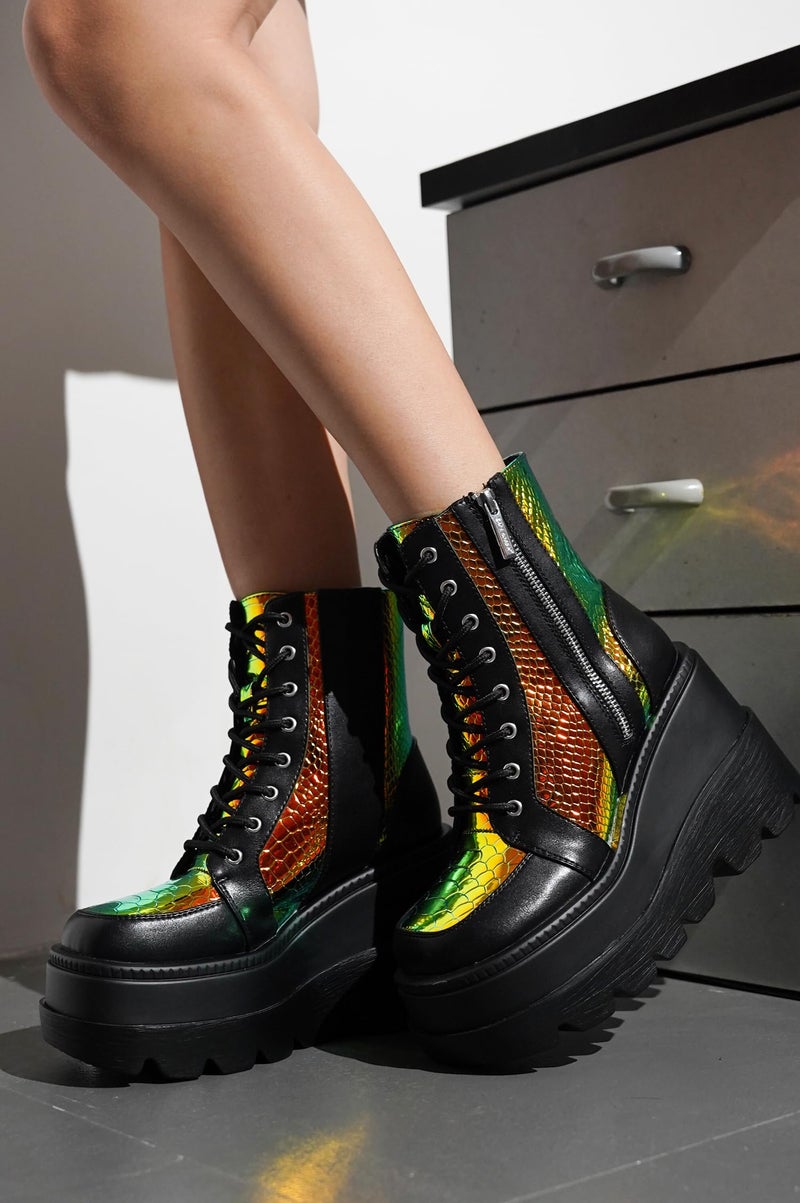 Cape Robbin Holographic Platform Ankle Boots for Women Chunky Block Heels Pointed Toe PU Leather with Buckle Strap Retro Futuristic Style (Radio) - Black Size 6 - Image 2